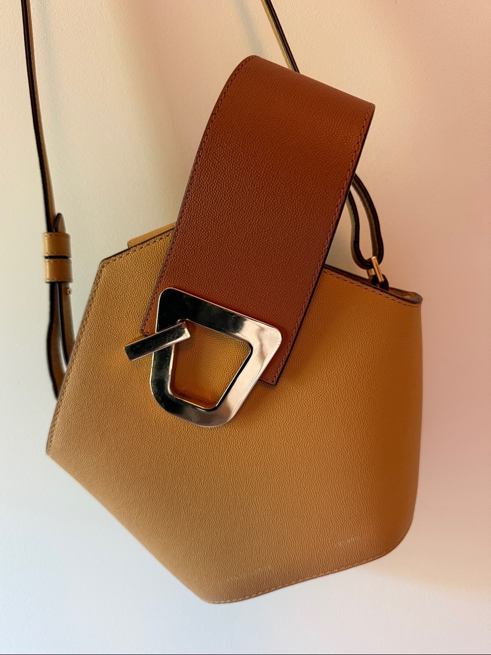 Two-Tone Tan & Brown Leather Crossbody Bag with Silver Buckle